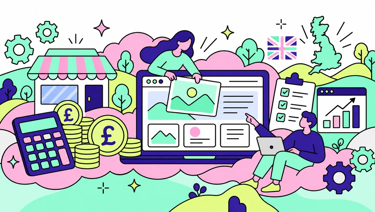 Illustration of a laptop showing a website layout, surrounded by pound coins, a calculator, a shopfront and a map of the UK